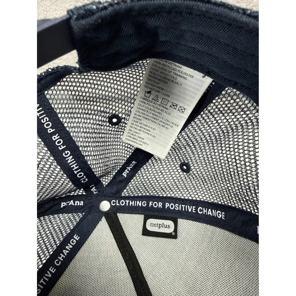 prAna Journeyman Trucker Hat Navy Blue Floral Batik Mesh Snapback Cap